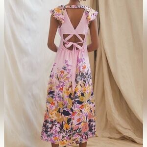 By Anthropologie Pink Floral Print V-Neck Ruffle Midi Dress Size M